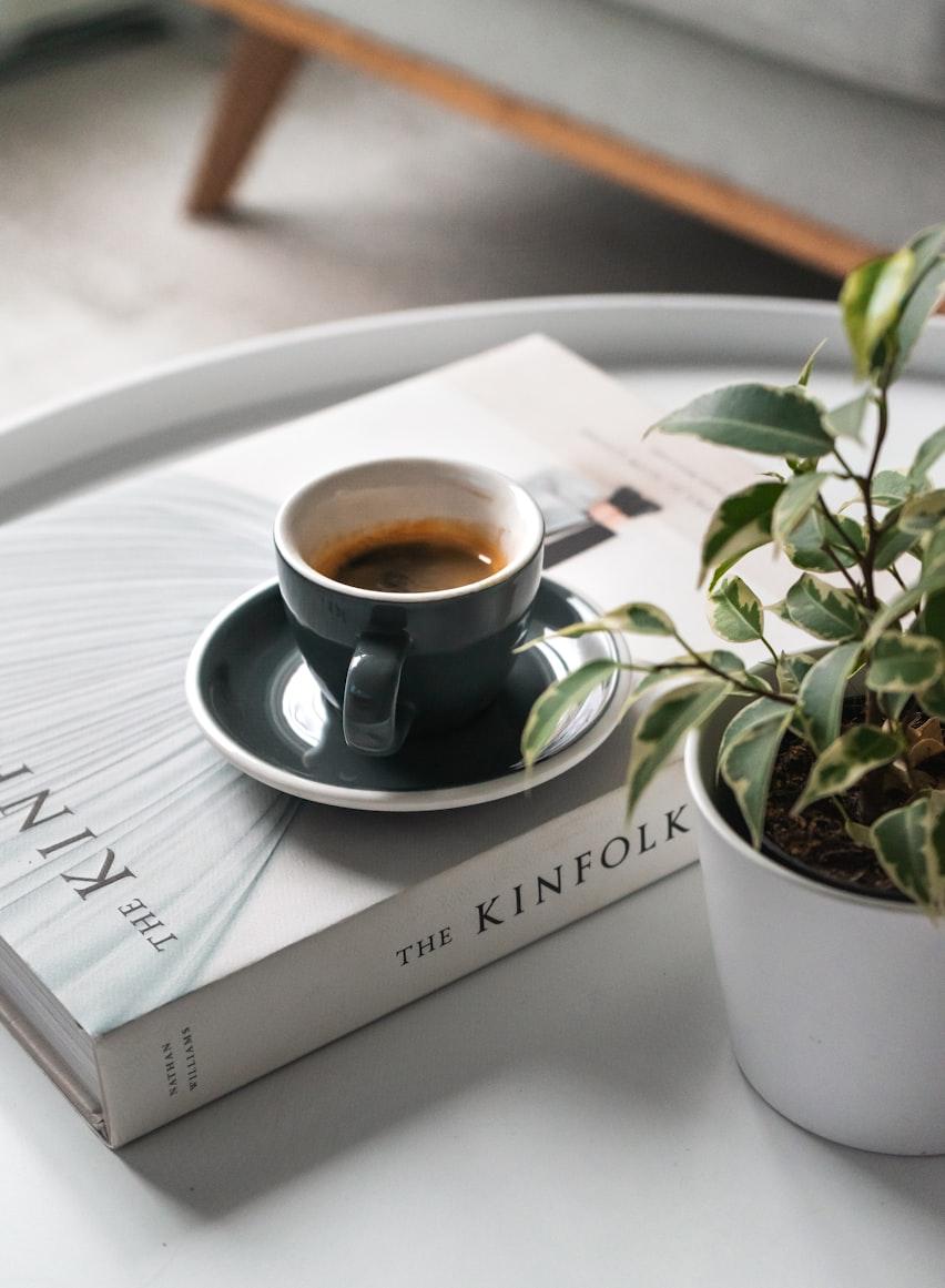 An espresso resting on a Kinfolk magazine beside a leafy potted plant
